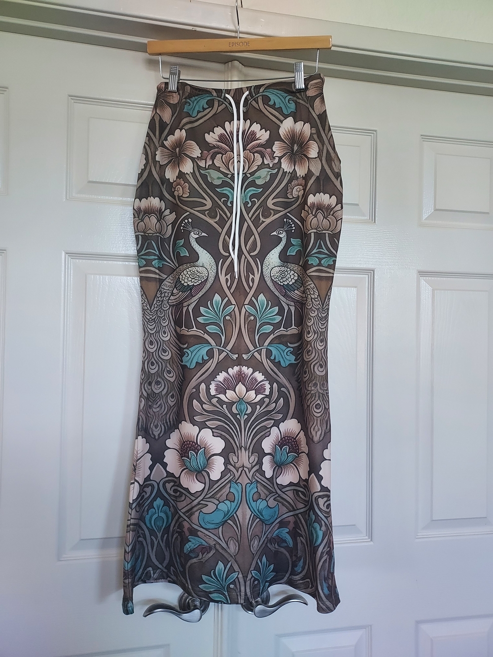 Floral Peacock Print Maxi Skirt in Teal and Brown, Medium, But Fits Like A Small